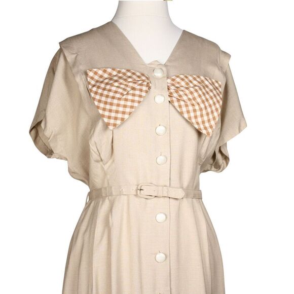 Vintage Reloms Dress Tan w Big Brown and White Check Bow Sz M B38 W34 - Hey Viv - Picture 4 of 9